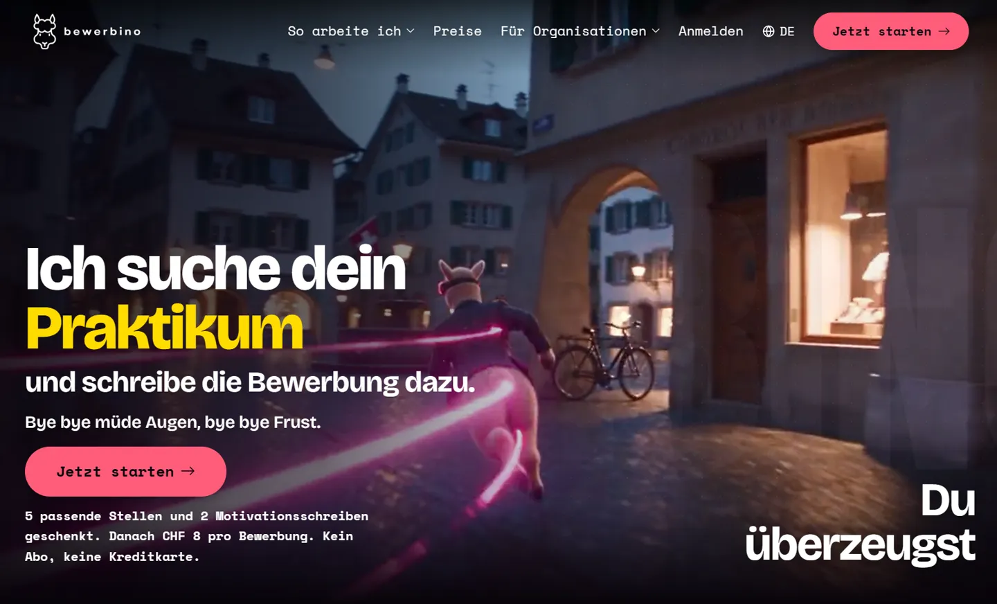 Startseite von Bewerbino.com: «Ich suche dein Praktikum und schreibe die Bewerbung dazu»